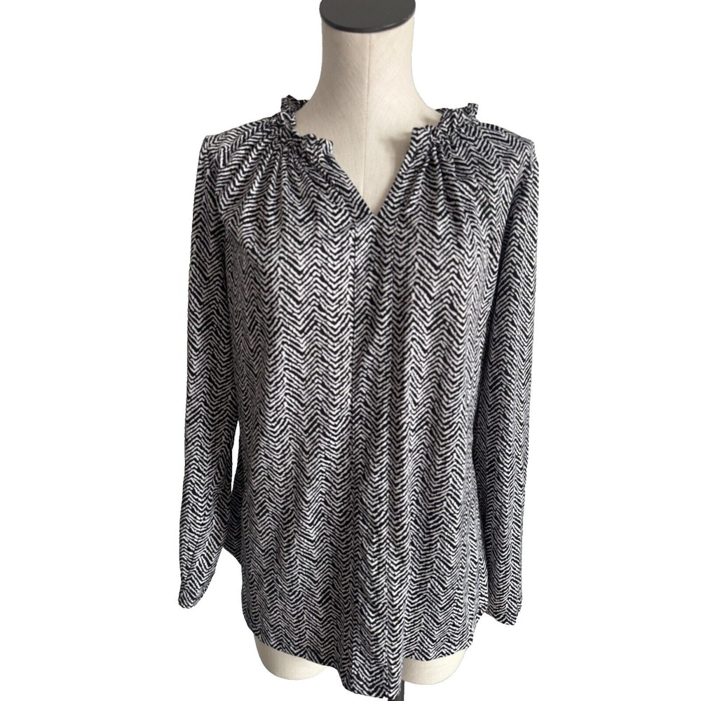 Croft & Barrow Black & White Top Liquid Knit Ruffle V-Neck Blouse Large